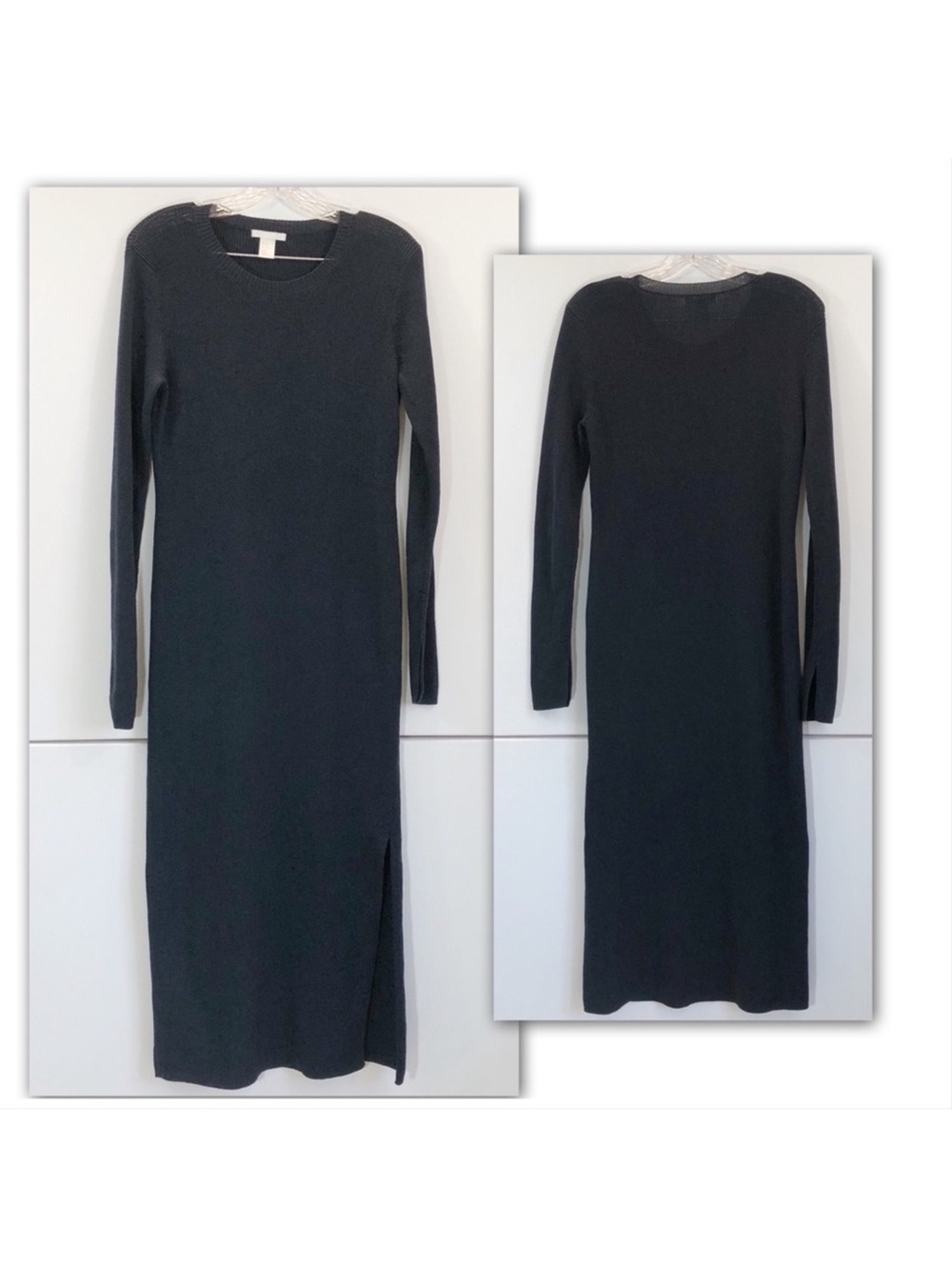 H&M Black Long Sleeve Knit Midi Dress with Side Slit